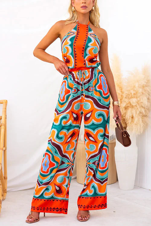 Oh So Satin Abstract Print Satin Elastic Waist Pocketed Wide Leg Pants