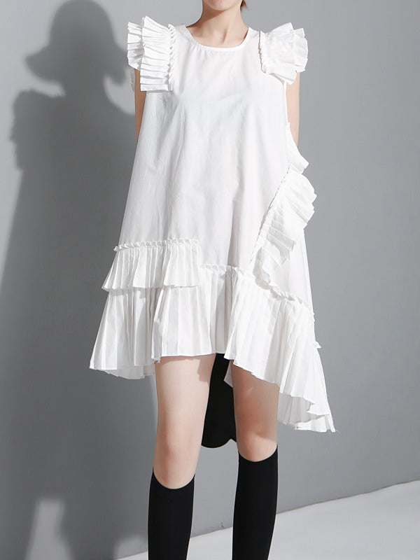 Flying Sleeves Loose Asymmetric Pleated Color Split-joint Round-neck Midi Dresses