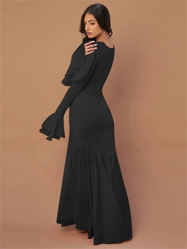 Ruffled Square Collar Maxi Dress for Bandage Slim See-through High Waist Party Dress Gown ’s Long Dress