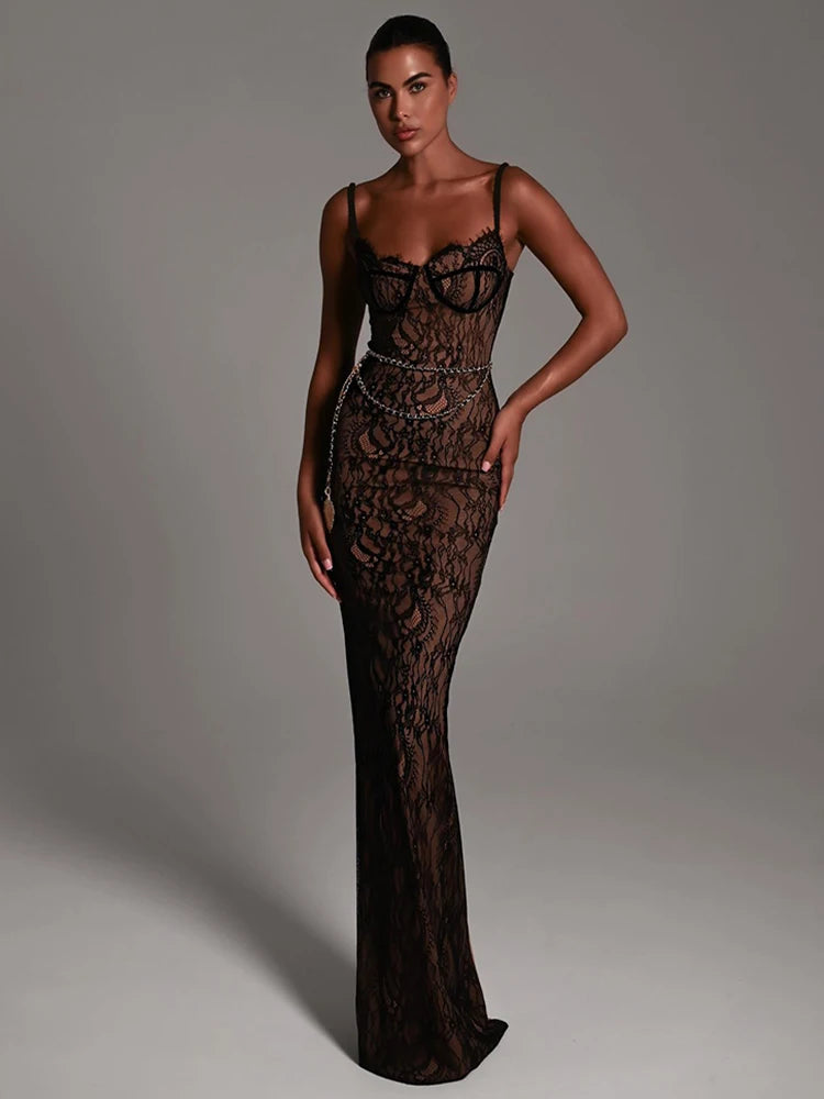 Lace Print Double Layer Dress for Bodycon Backless Metal Heart Pendant Maxi Dress Party Club Evening Dress