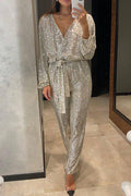 Cheers to You Sequin Long Sleeve Belted Wrap Loose Jumpsuit