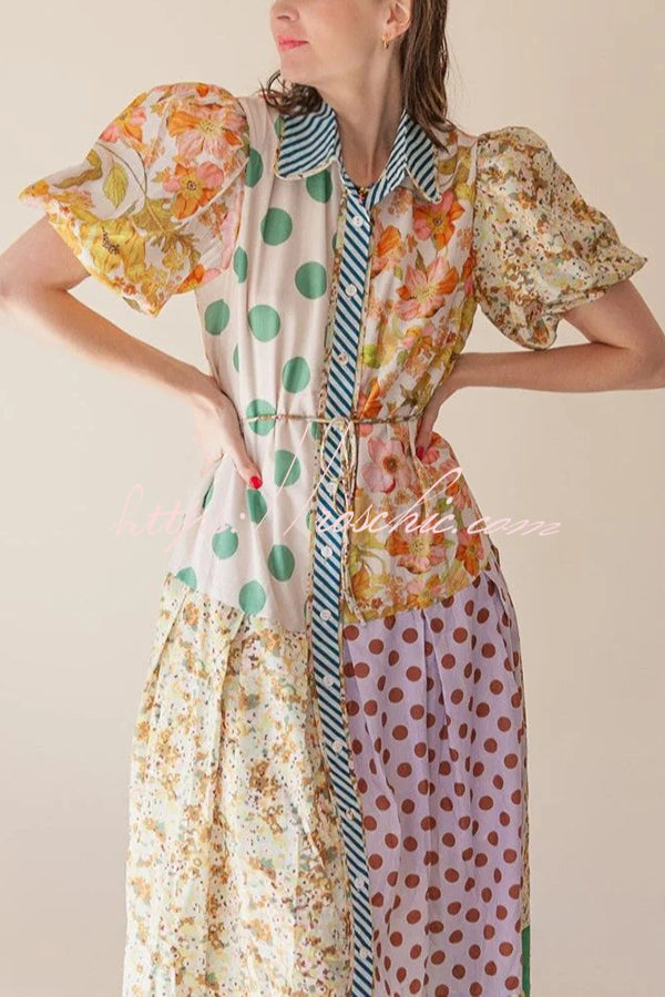 Linen Blend Unique Print Lapel Puff Sleeve Midi Dress
