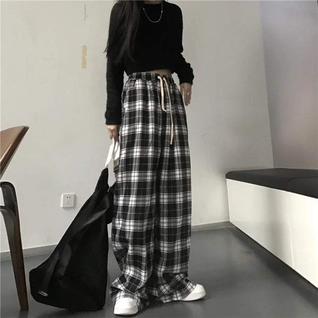 Oversize Sweatpants Black Plaid Pants Baggy Elastic Waist Pockets Student Hip Hop Loose Trousers