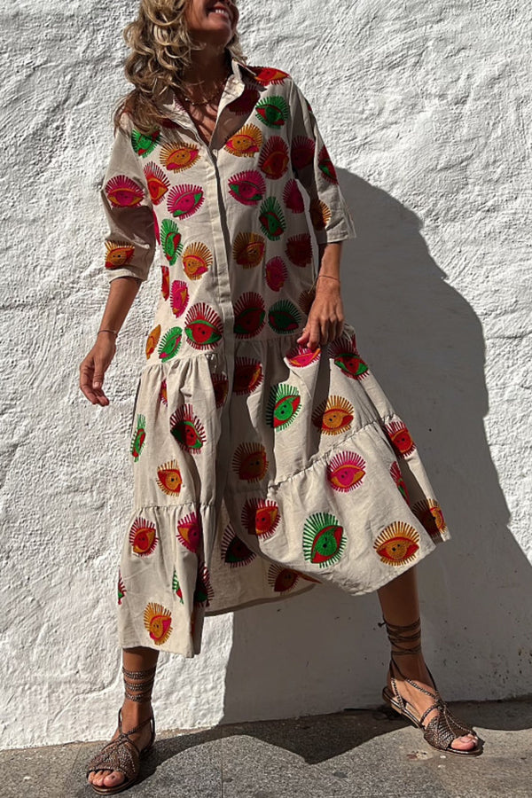 Take Me to Cabo Unique Print Button Loose Shirt Midi Dress