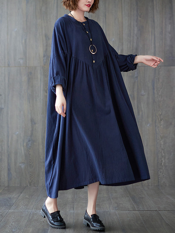 Loose Puff Sleeves Pleated Color Stand Collar Midi Dresses
