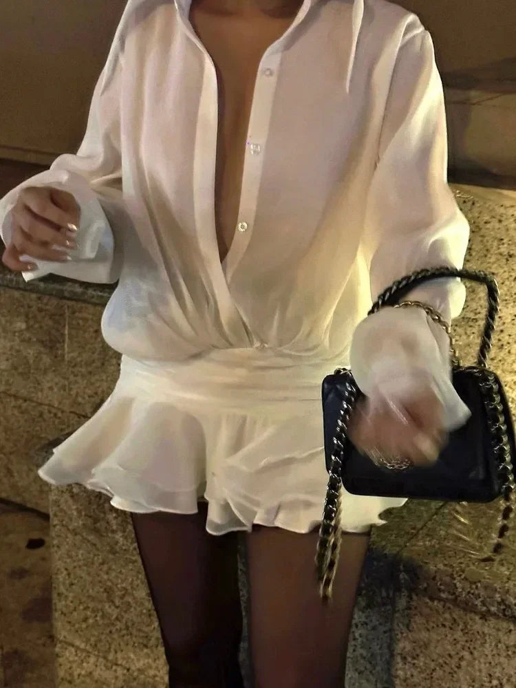White Chiffon Mini Dress for Loose Oversized Pleated Mini Dress See-through Summer Beach Shirt Dress
