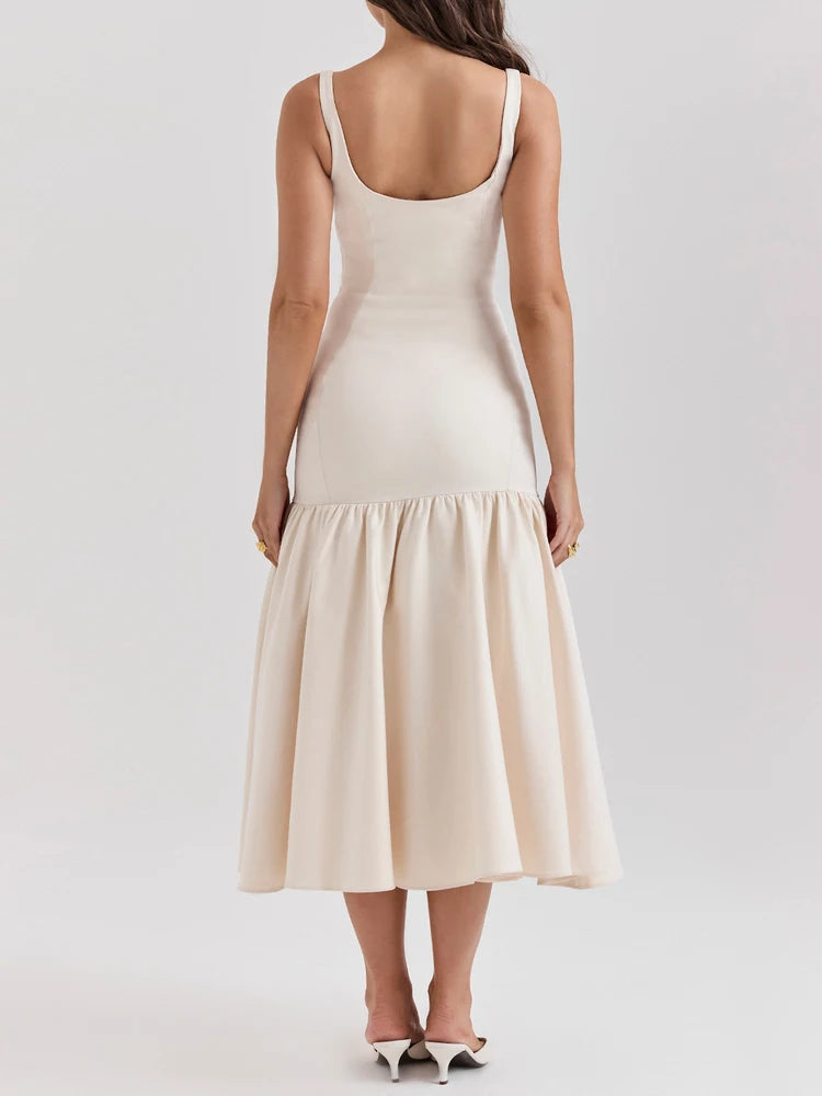 White Ruffled Patchwork Maxi Dress Female Slim High Waist Backless Pleated Summer Strapless Female Long Dress
