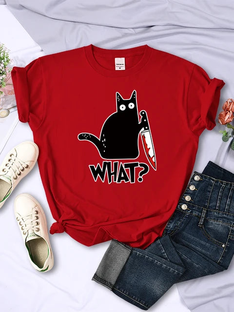 Kitchen Knife Black Cat Wha? Print Female Short Sleeve Breathable T-shirts Summer Cool Tee Clothes Street Hip Hop Tops
