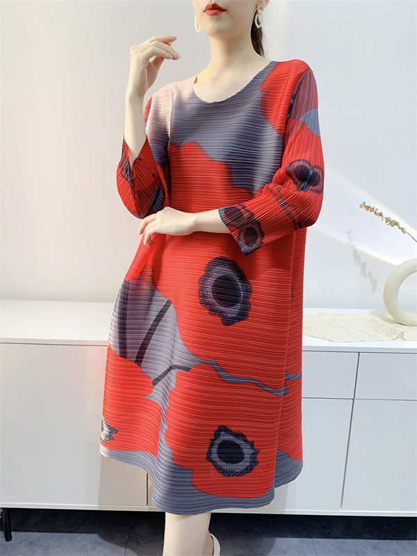 Original Three-quarter Sleeves Loose Printed Contrast Color Pleated Round-neck Midi Dresses