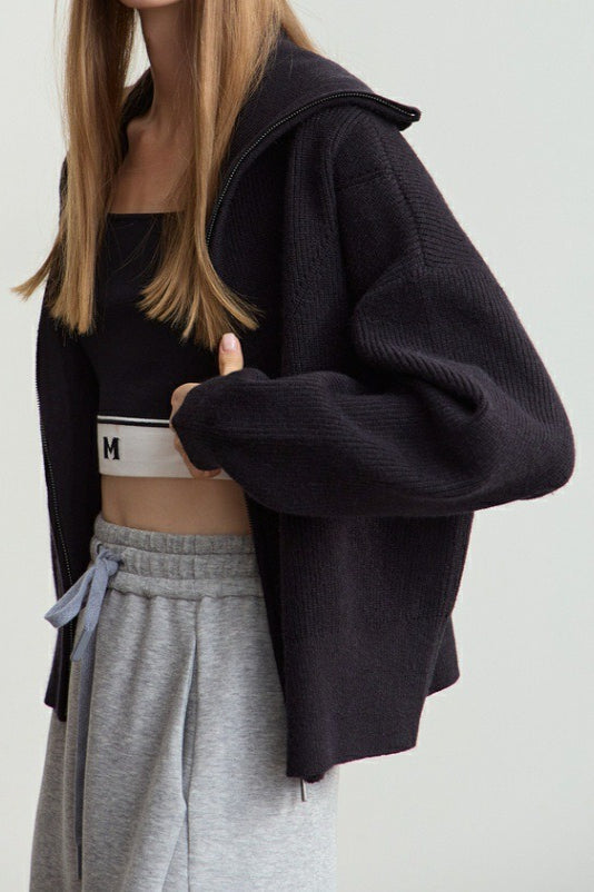 Naval-collar Zip Lazy-style Thick Knit Cardigan
