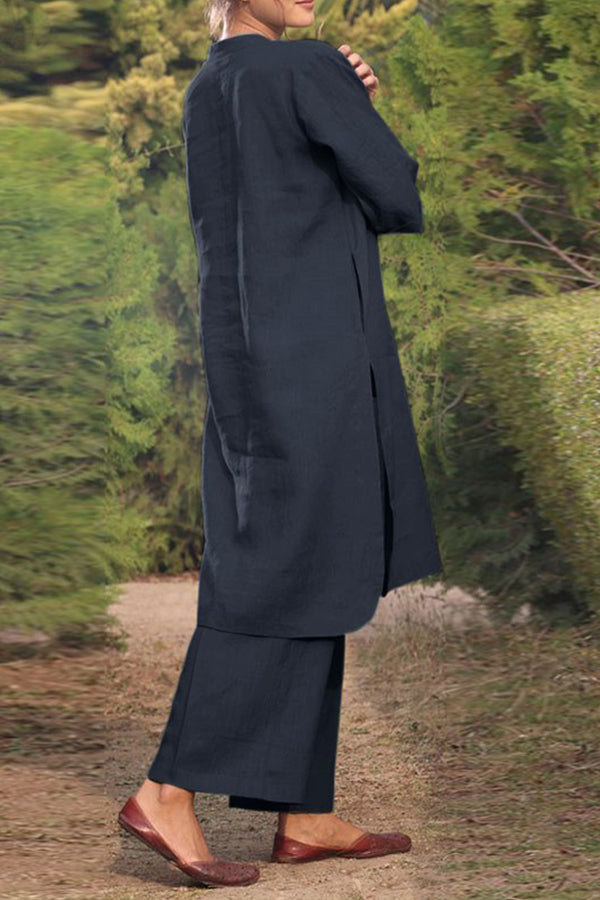Cotton and Linen V-neck 3/4 Sleeve Wide Brimmed Pants 2-piece Set