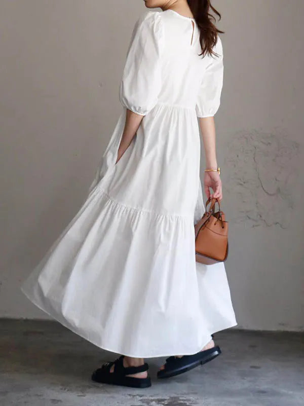 Half Sleeves Puff Sleeves Breathable See-through Color Round-neck Midi Dresses
