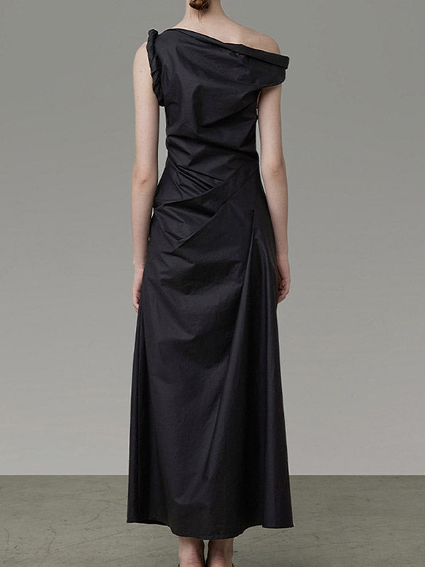 A-line High Waisted Asymmetric Color One-shoulder Midi Dresses