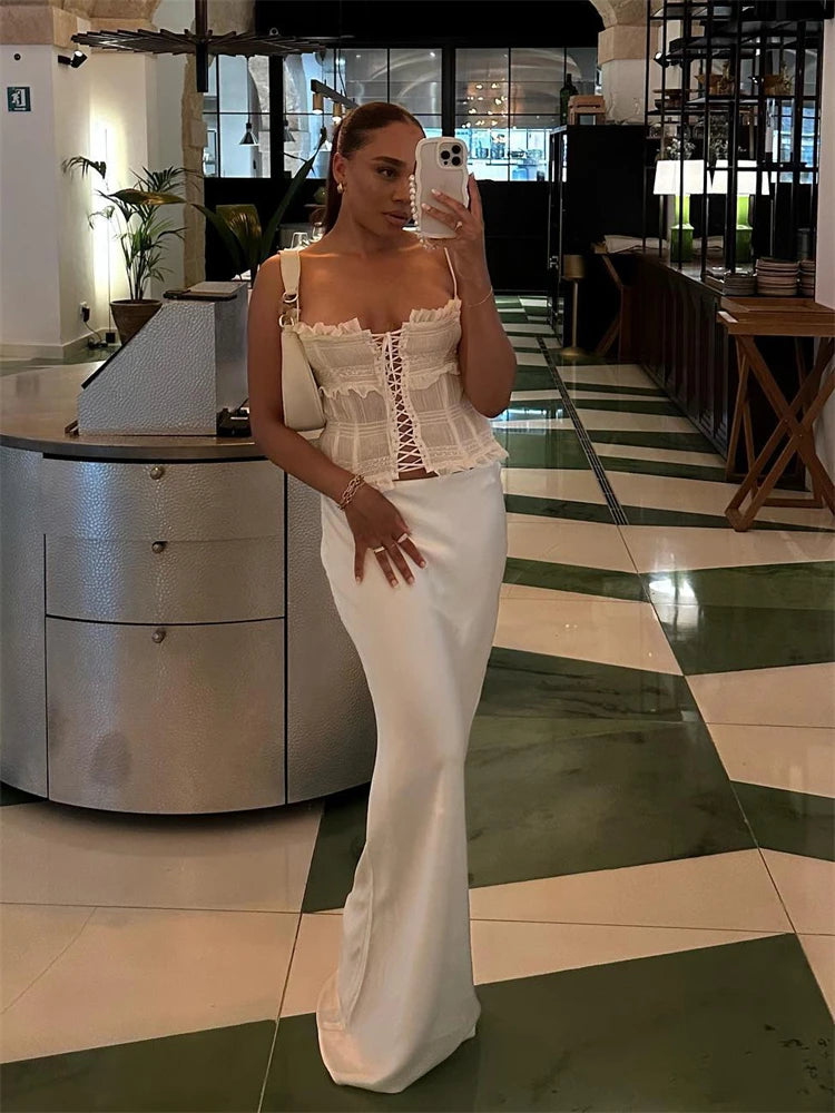 Long Skirt Patchwork for Slim Party Gown Skirt Summer New High Waist Outfits White Y2k Skirt