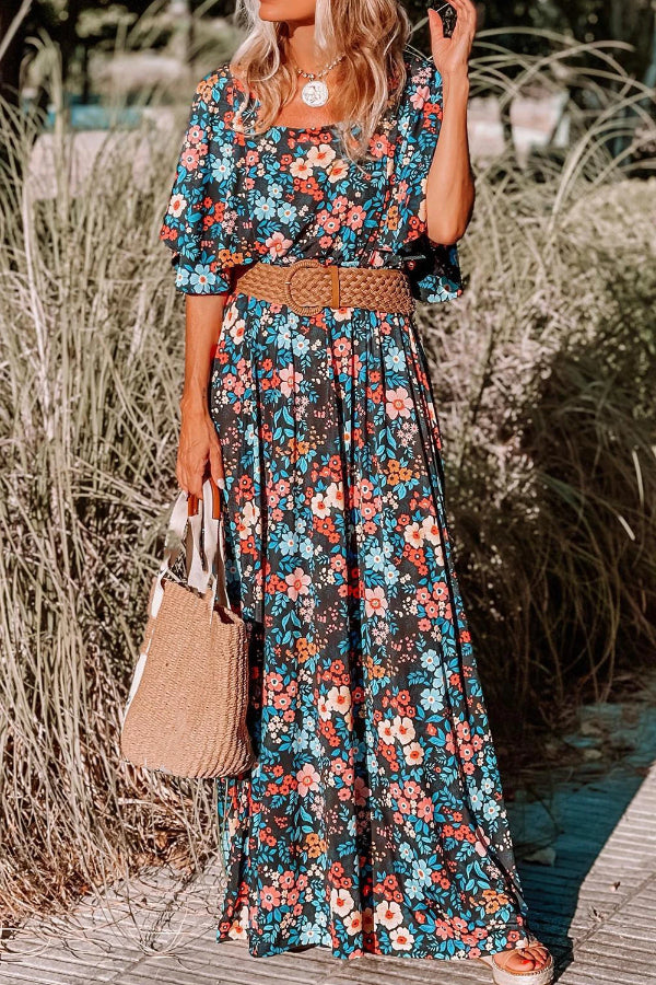 Sky Blue Print Knotted Backless Maxi Dress