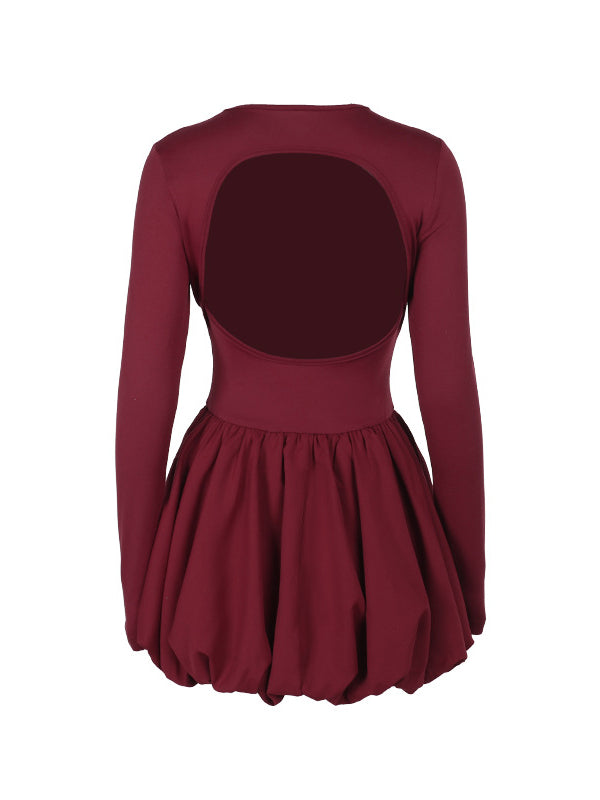 Long Sleeves Skinny Pleated Color Split-joint Round-neck Mini Dresses