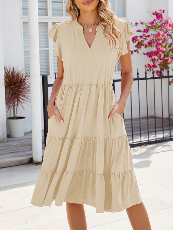 Loose Ruffle Sleeves Pleated Pockets Color Split-joint V-neck Midi Dresses