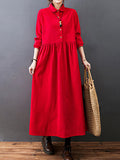 Split-joint Color Long Sleeves Lapel A-line Corduroy Midi Dress
