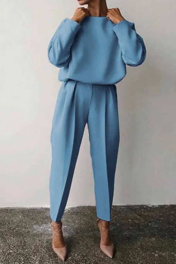 Color Round Neck Pencil Pants Suit