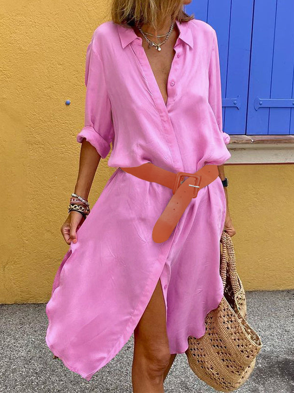 Half Sleeves Loose Buttoned Color Split-side Lapel Midi Dresses Shirt Dress