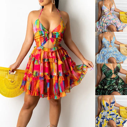 Summer New Printed Halter Neck Mini Dresses for Deep V-neck Hollow Out Backless Leace-up Dress Beach Vestido Feminino