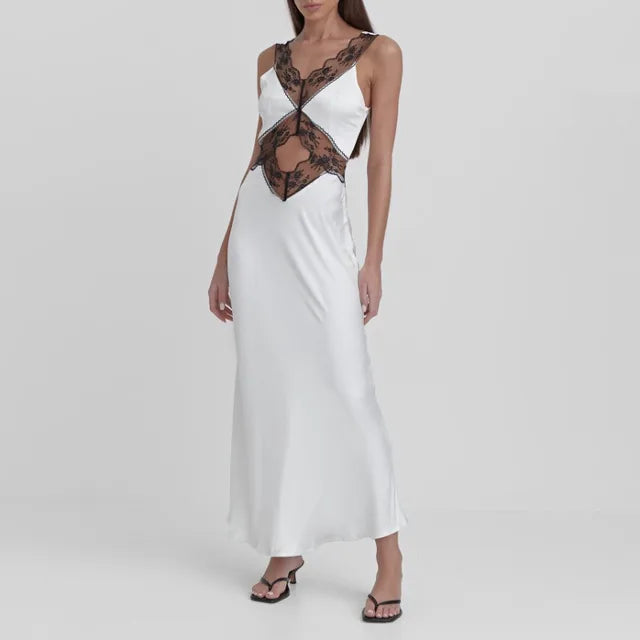 Lace Backless Hollow Maxi Dress for V Neck Patchwork Print High Waist Party Dress Female Long Dress