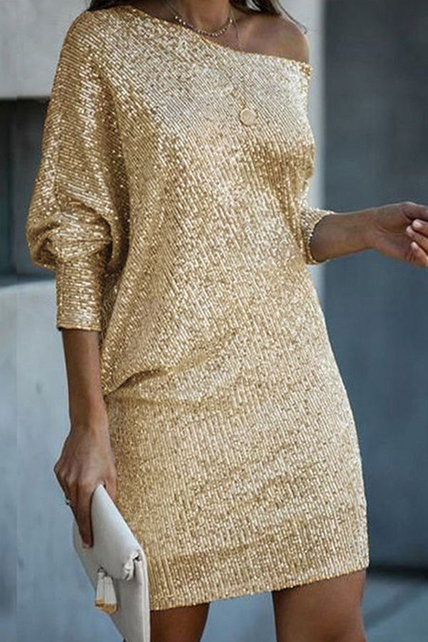 Sequined Off-shoulder Loose Mini Dress