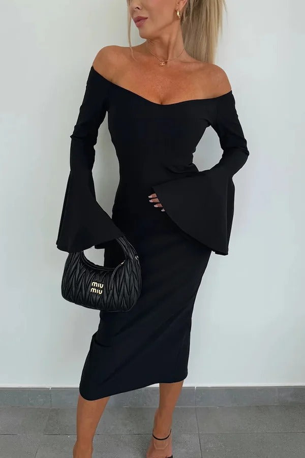 Color Off-shoulder Trumpet Sleeve Slim Midi Dress