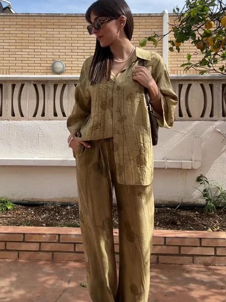 New Linen Tie-dye Print Long Pants Sets for Lapel Half Sleeve Single Breasted Shirts Drawstring Wide Leg Pant 2 Pieces Set