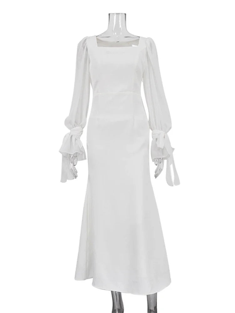 White Ruffled Mesh Maxi Dress – High Waist Patchwork Slim Party Lace-up Long Dress
