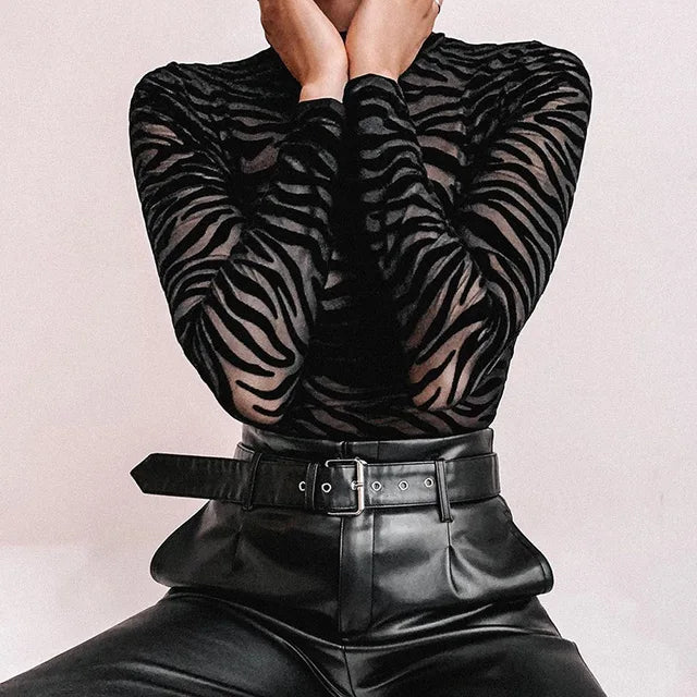 Black Mesh Transparent Bodysuit Long Sleeve Slim Skinny Stripe Mock Neck Rompers Lady Party Club Body