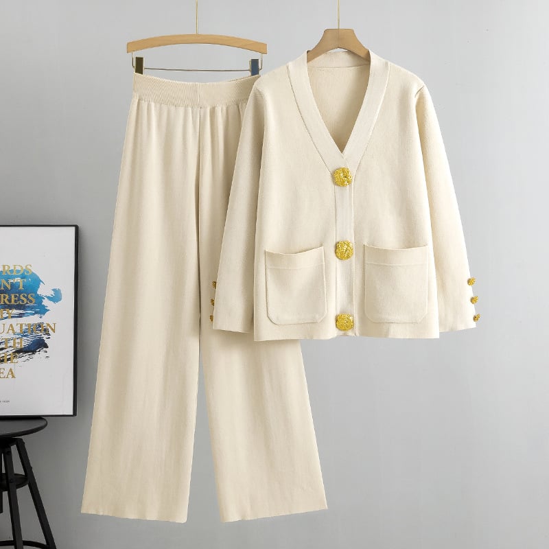 Azaria – Metal Button Wool Sweater Pants Suit