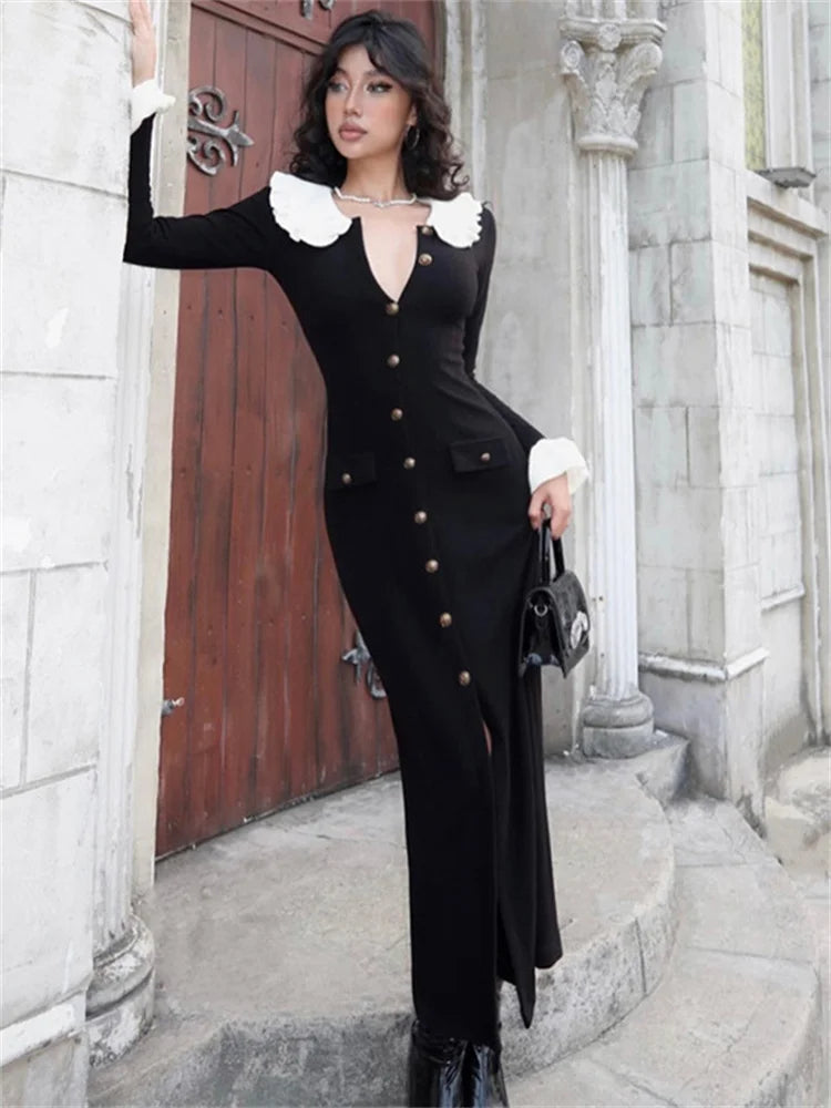 Ruffled Knit Long Dress High Waist Pocket Slim Lapel Patchwork Party Dress Female Autumn Maxi Dress