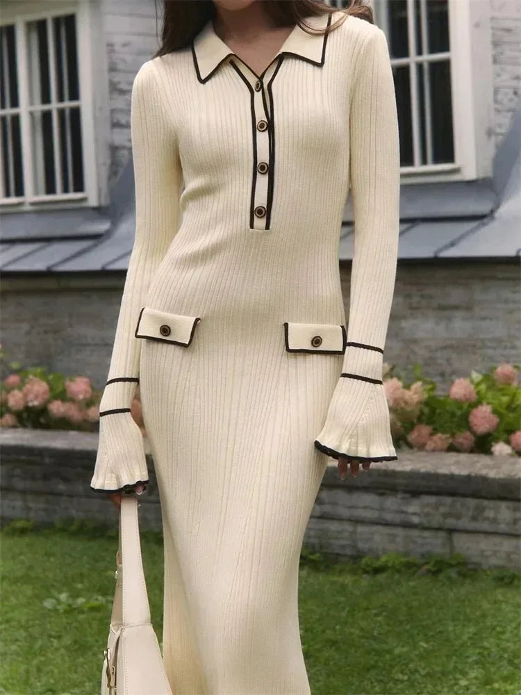Knitted Mini Dress Autumn Winter Ruffled Rib High Waist Dresses Long Sleeve Banquet Dress for Woman