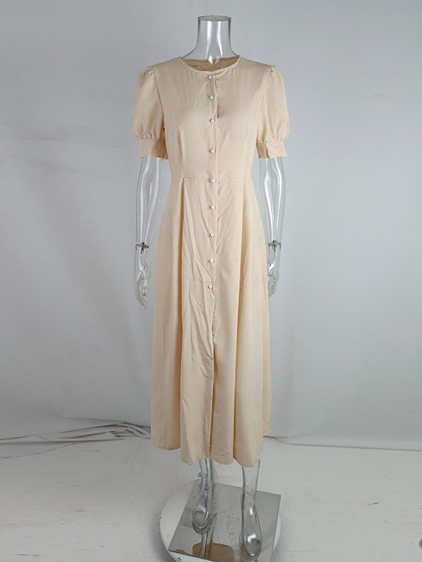 High Waisted Loose Buttoned Round-neck Midi Dresses