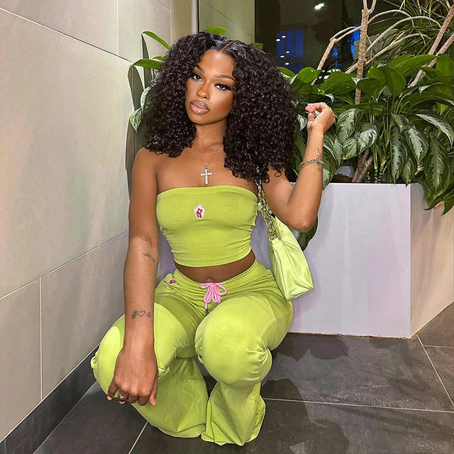 Ins Embroidered Flower Tube Top High Waist Drawstring Pant Two-piece Set Spring – Embroidered Tube Top and High Waist Drawstring Pants Set