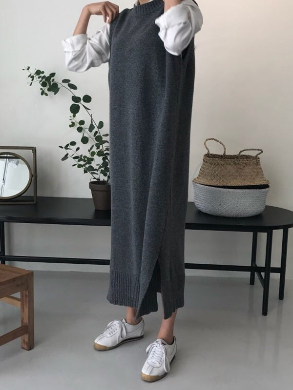 Urban Loose Sleeveless Color Round-neck Midi Dresses Sweater Dresses