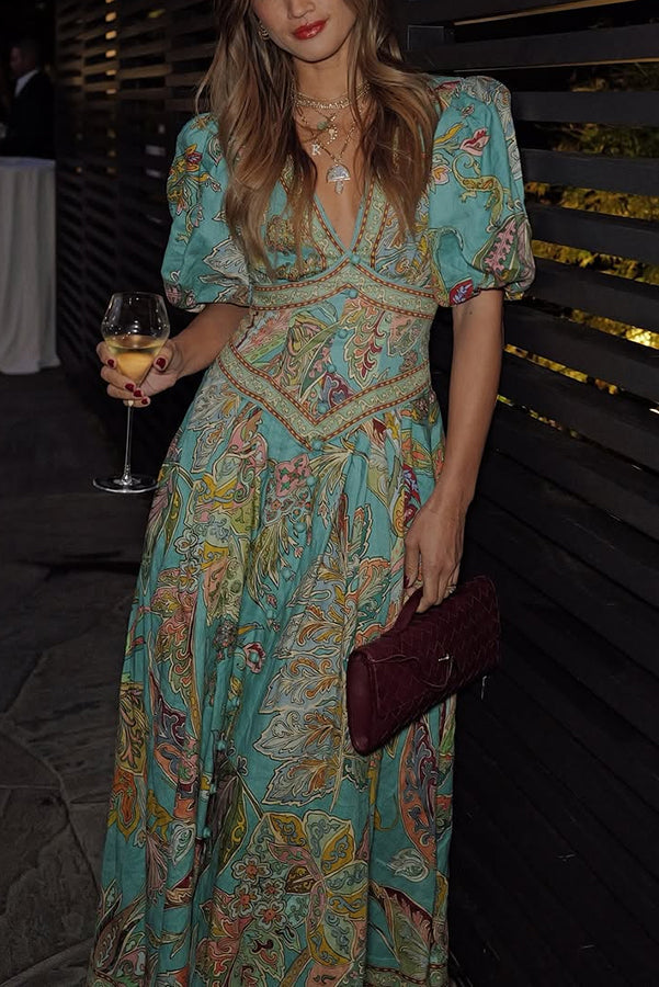 Vacation Linen Blend Unique Print Button Puff Sleeve Pocket Maxi Dress
