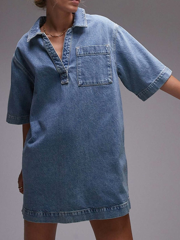 Loose Short Sleeves Pockets Color Lapel Mini Dresses