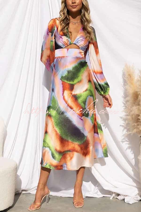 Own the Evening Satin Neon Print Cutout Midi Dress