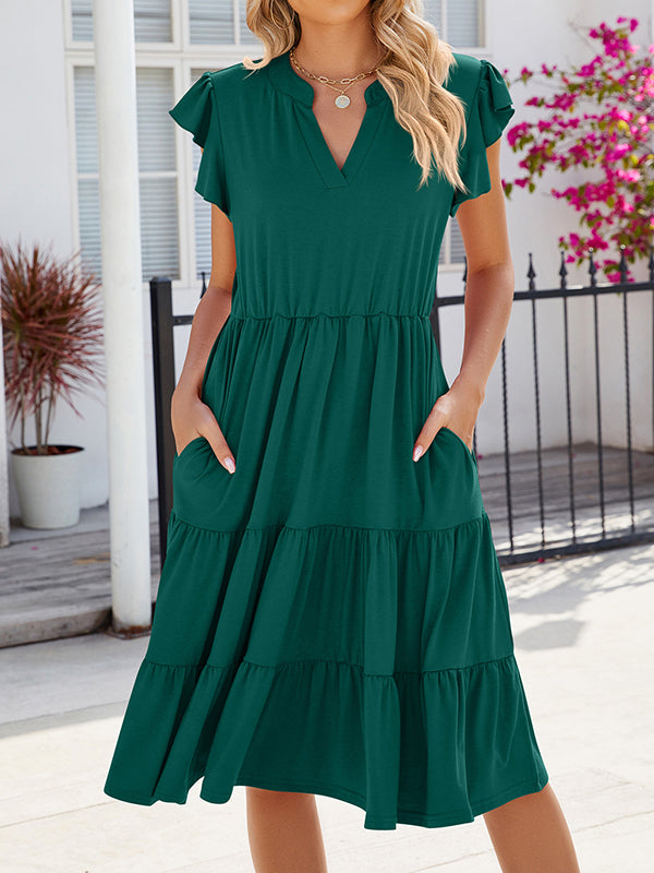 Loose Ruffle Sleeves Pleated Pockets Color Split-joint V-neck Midi Dresses