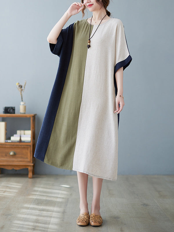 Half Sleeves Loose Contrast Color Round-neck Midi Dresses