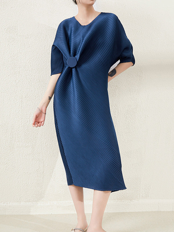 Stylish Irregularity Loose Pleated Color Round-neck Midi Dresses