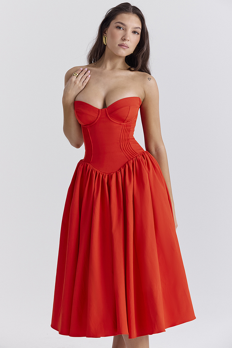 Strapless Corset Pleated Hem Prom Party Midi Dresses-red