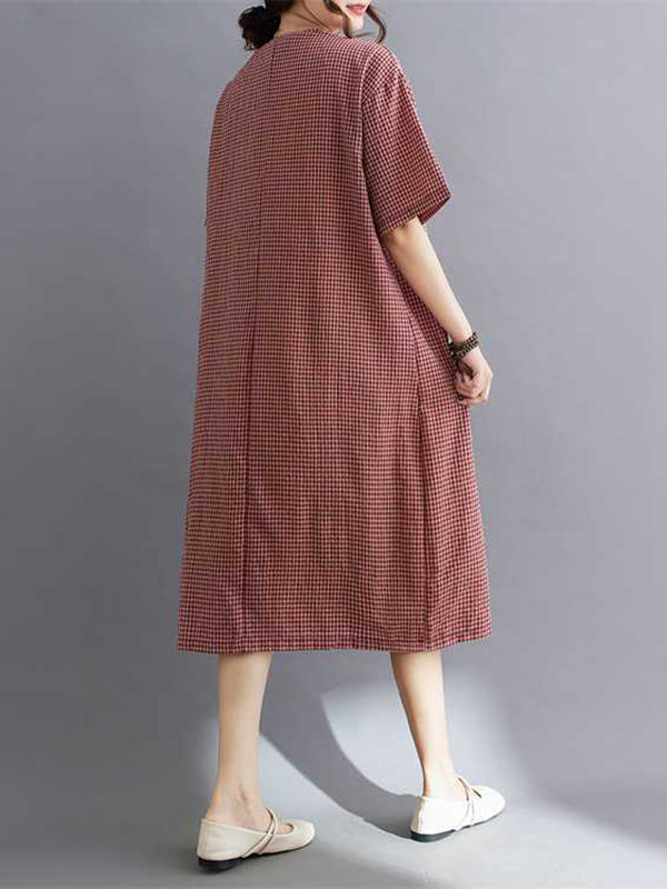 A-line Half Sleeves Plaid Pleated Split-joint V-neck Midi Dresses