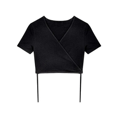 Summer Tee Tops T Shirts V-neck Cropped Top Cross Tie-up Harajuku Basic Korean Street T-shirts Mujer Y2k