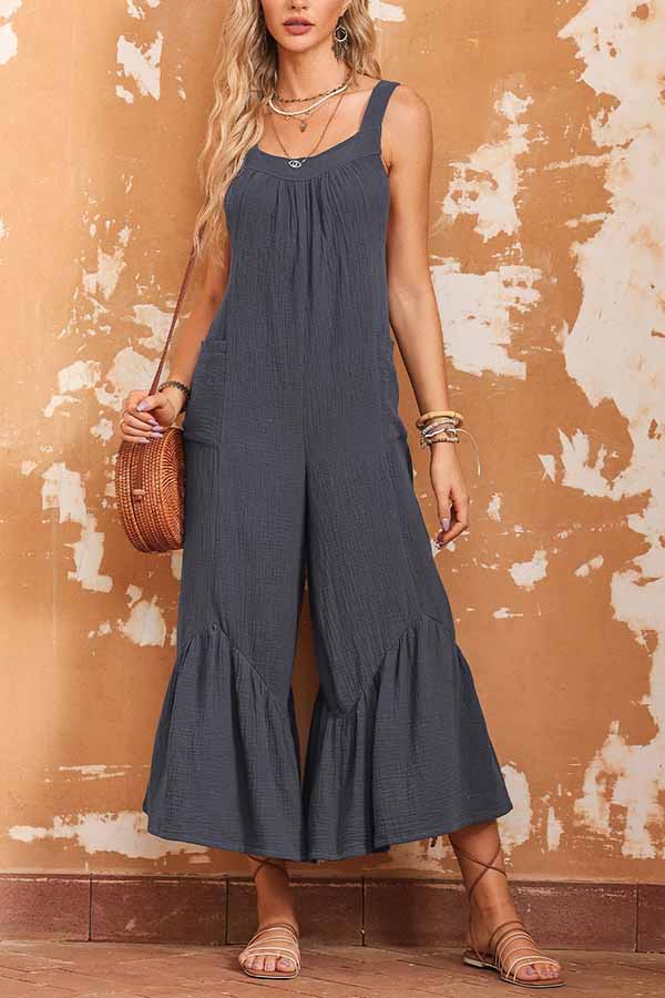 Grey Color Sleeveless Flare Leg Jumpsuit With Pockets