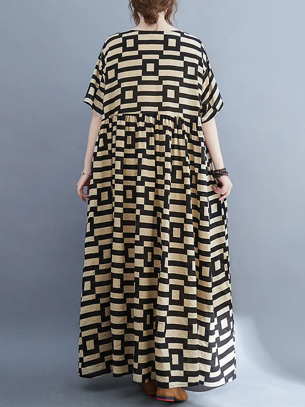 Loose Short Sleeves Plaid Round-neck Midi Dresses