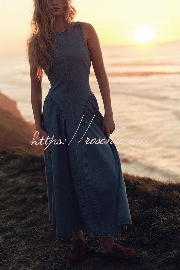 Classic and Stylish Denim Open Back Tie-up Gathered Hip Stretch Midi Dress