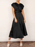 Loose Short Sleeves Color Split-joint Tied Waist Round-neck Midi Dresses
